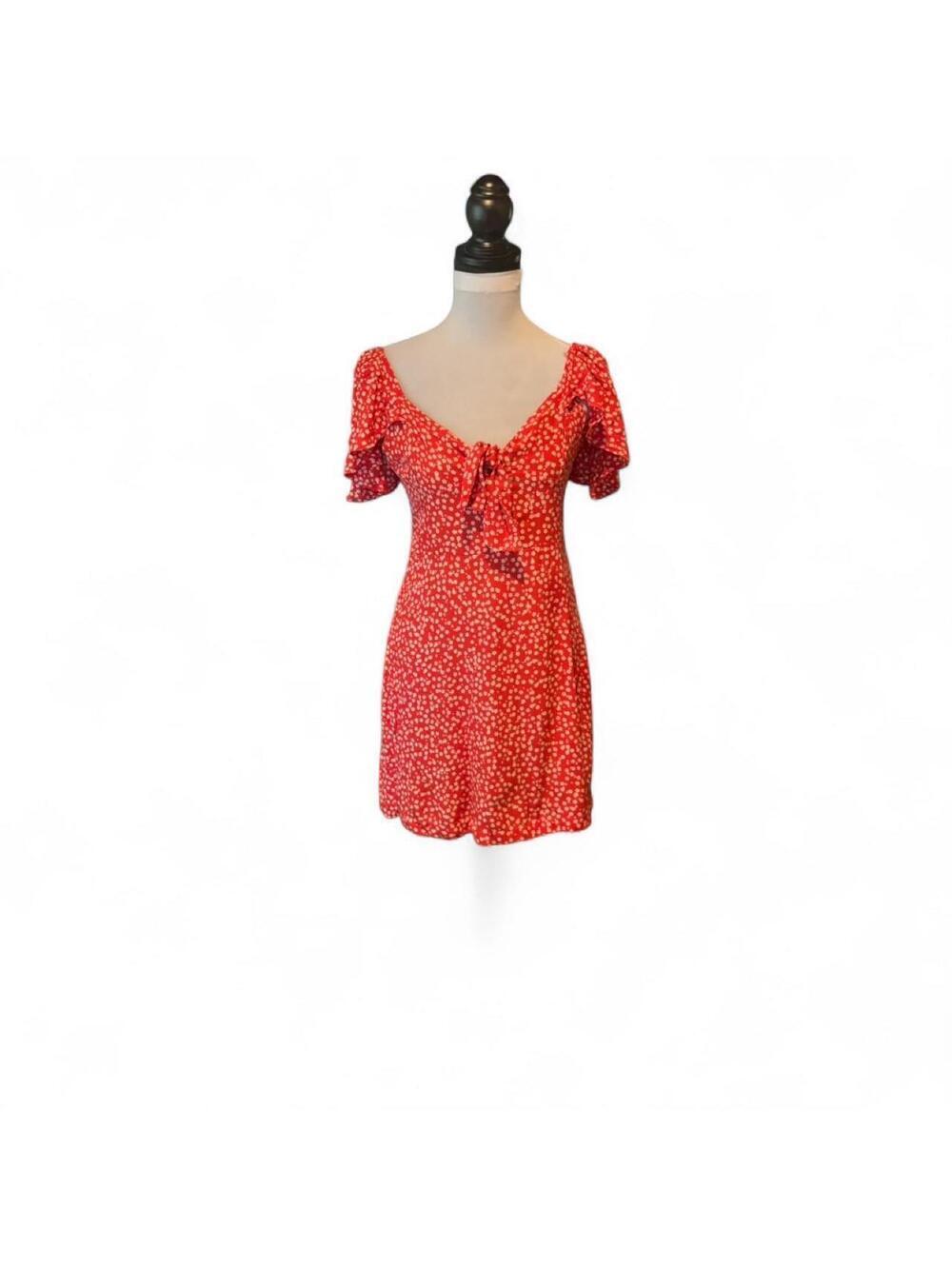 Zara red tiny floral mini dress with flutter sleeves and tie front. Size M